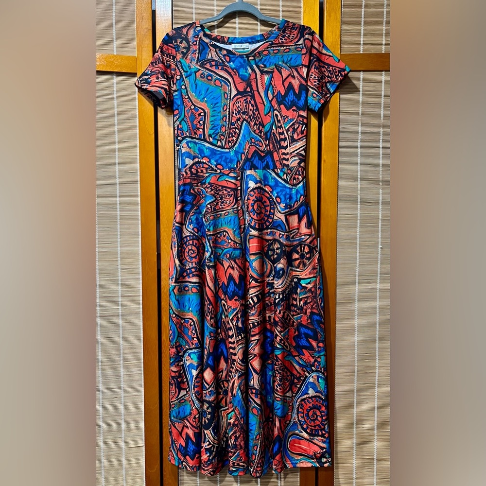 Zaberry orange and blue abstract print dress, size M